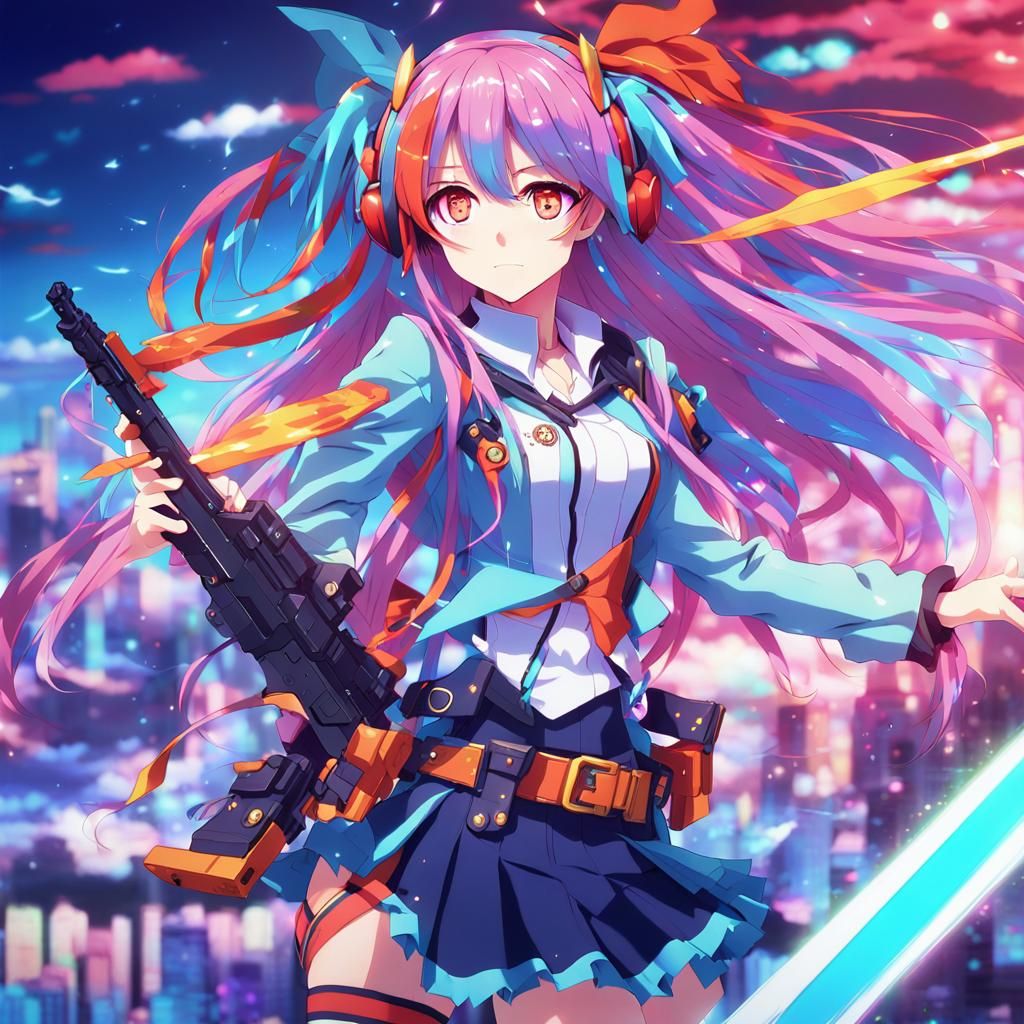 Anime Hololive Idol with Themed Weapon in Cel-Shaded Style