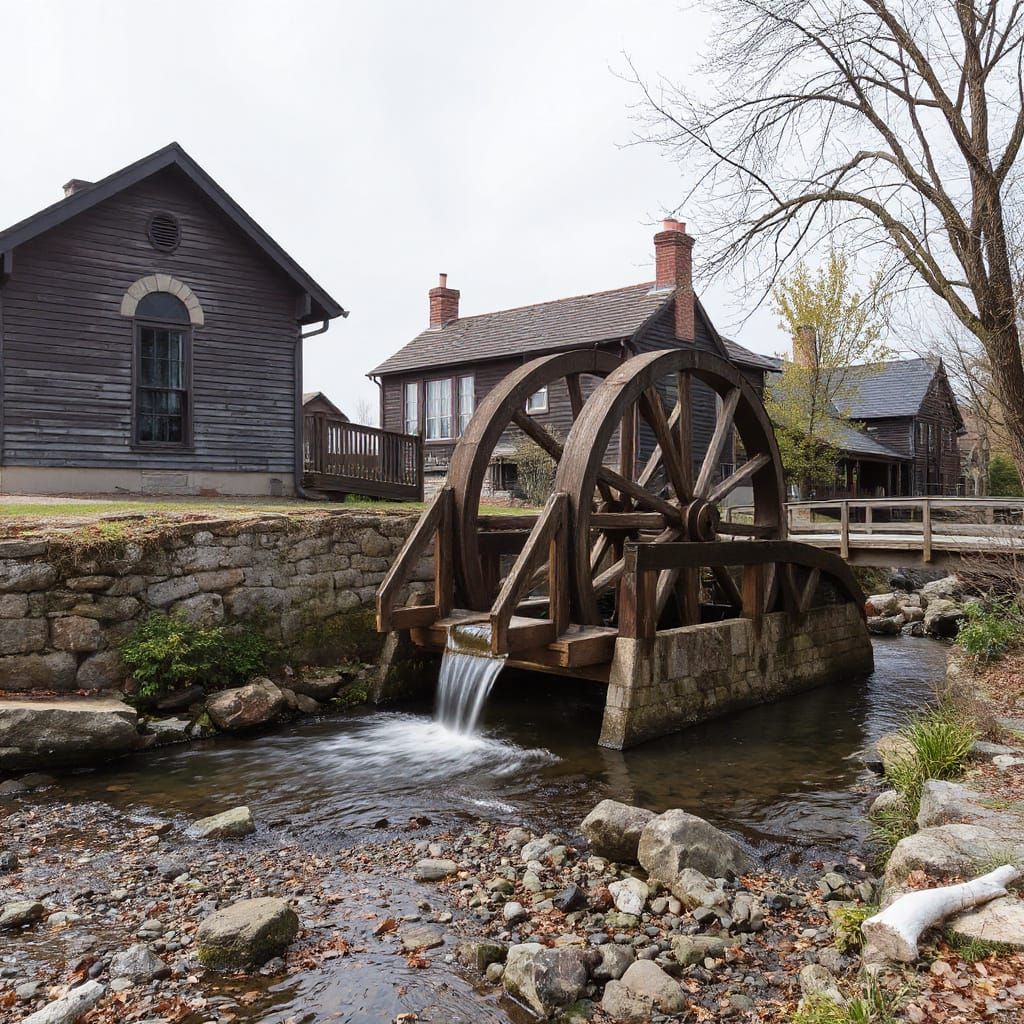 Whimsical Waterwheel in a Serene Landscape