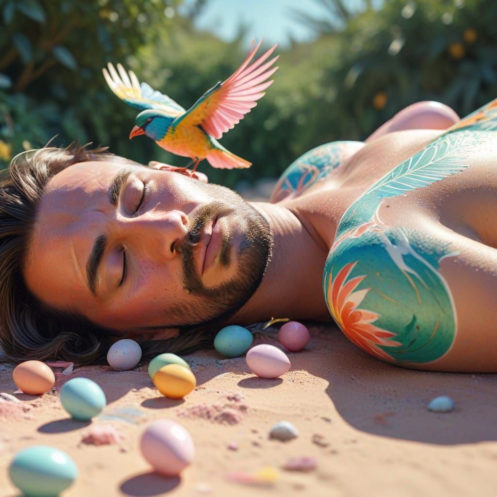 Whimsical Bird Drops Pastel Egg on Sunbather in Vibrant Spla...