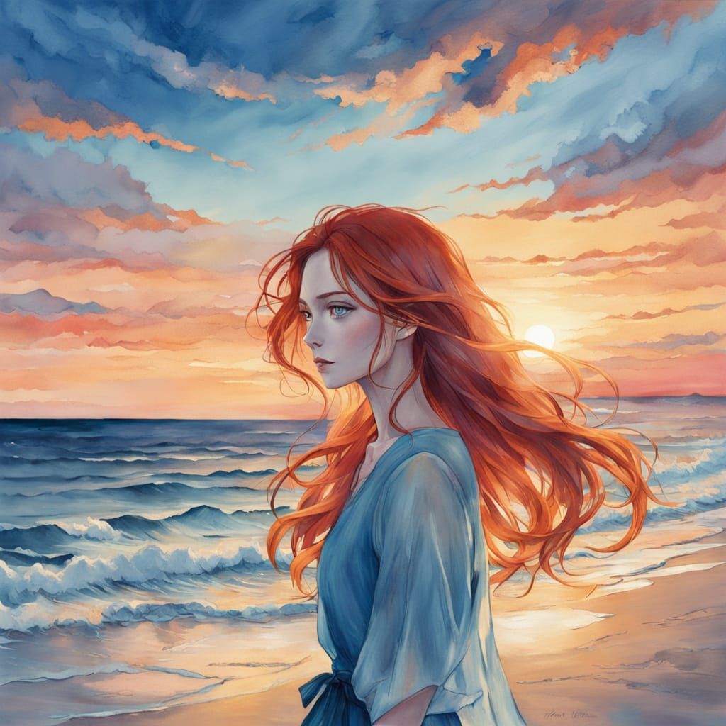 Romantic Anime Portrait of a Young Woman at Sunset