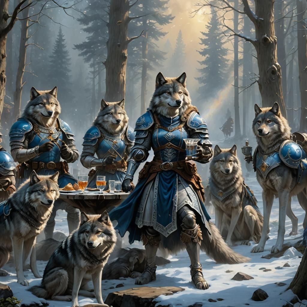 Wolf Wench Offers Drink to Armored Soldiers