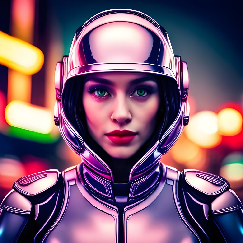 Cyborg Girl in Neon City: Hyperrealistic Portrait