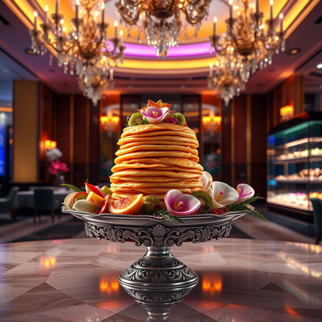 Exotic Pancake Stack in Elegant Restaurant, Digital Art