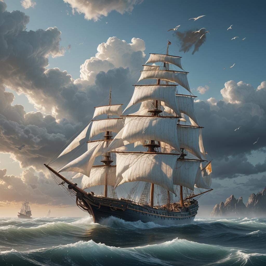 Ghost Ship Drifting on Misty Ocean