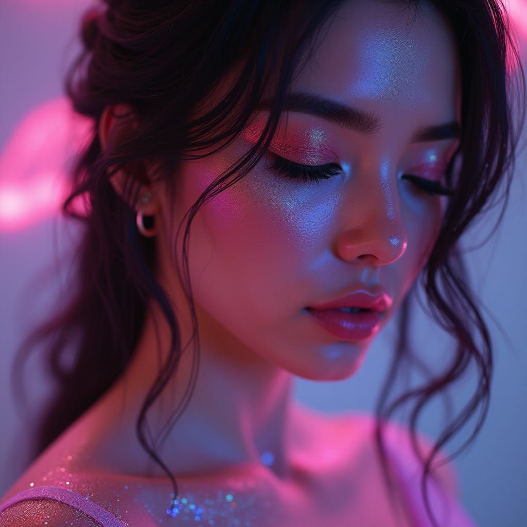 Sparkling Neon Portrait of Woman in Digital Art Style