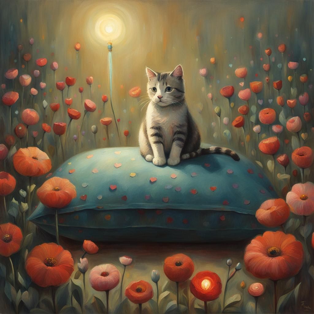 Cat on Pillow with Flowers in Surreal Style