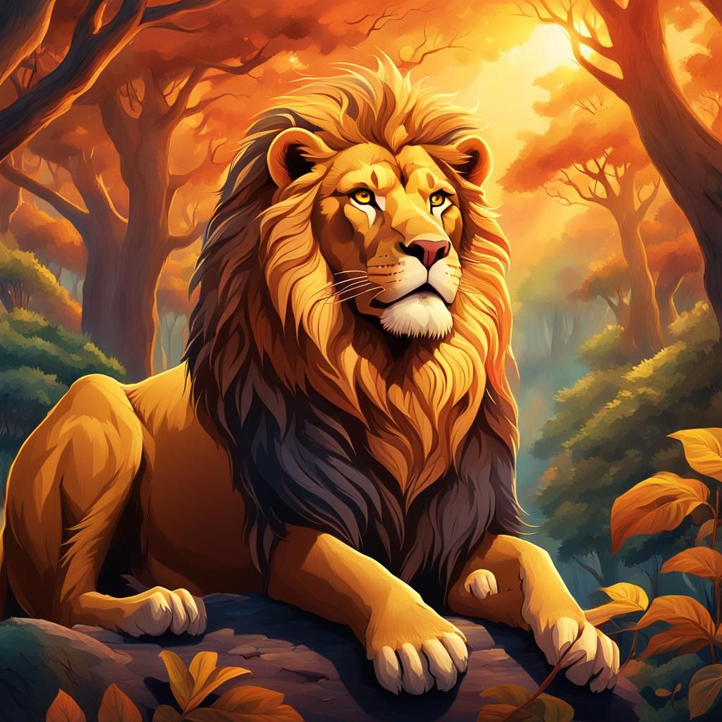 Golden Lion's Loneliness in Enchanted Forest Illustration