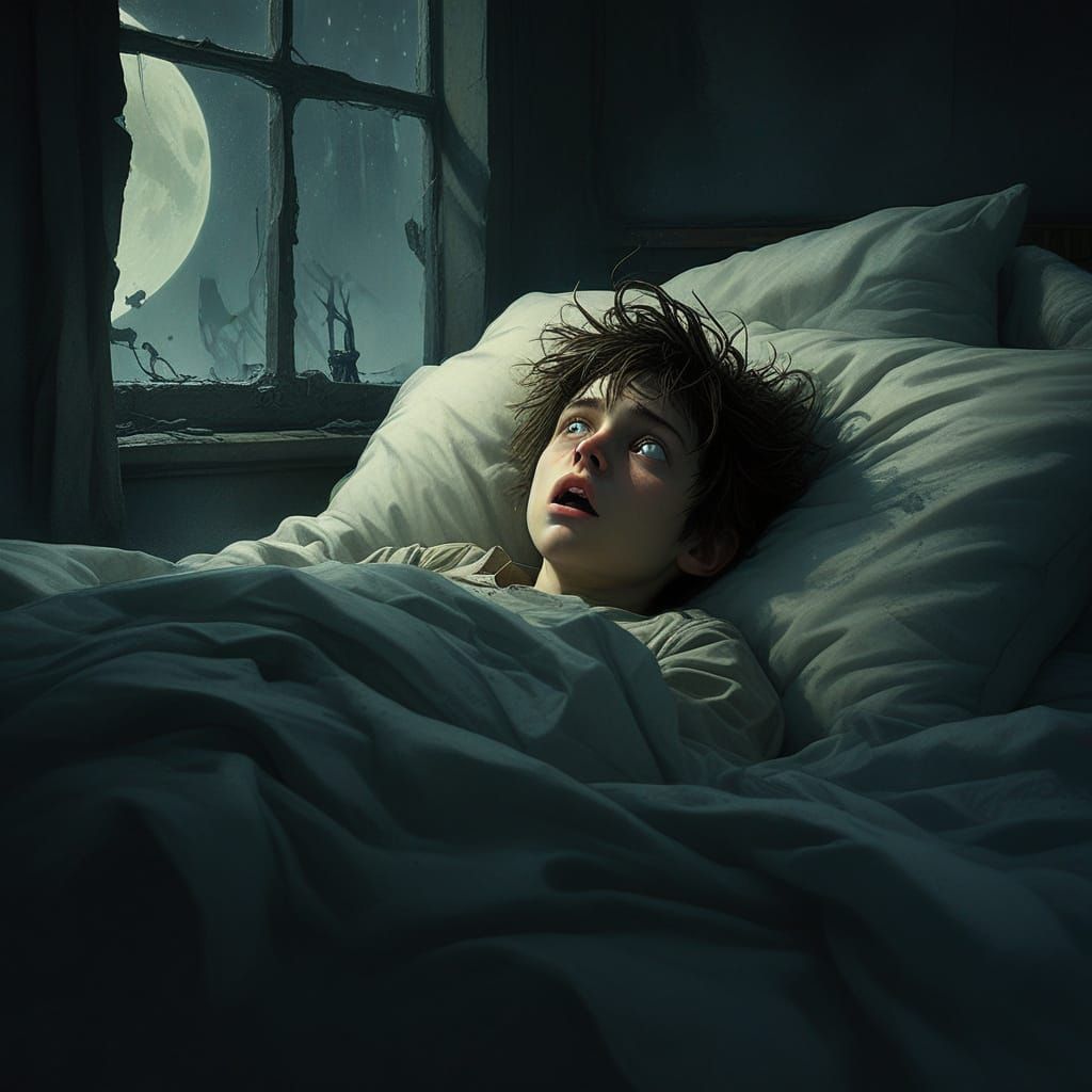 A young boy with rumpled pajamas and a messy mop of hair lies in bed, his eyes wide with terror, fixed on the dark, omin...