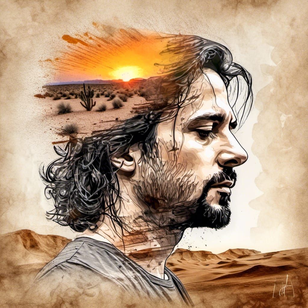 Desert Head Sunset in Double Exposure Watercolor