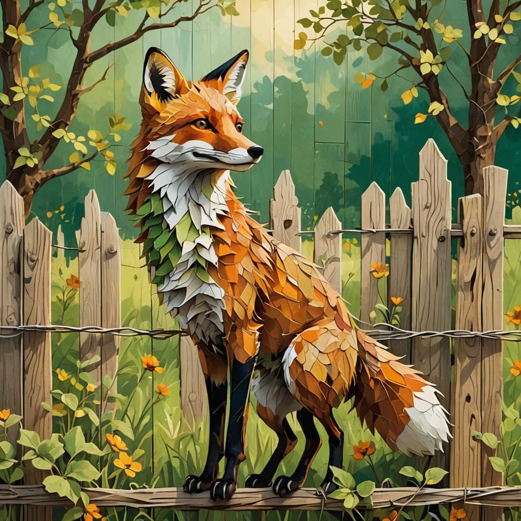 Fox Cuts Chicken Wire: Rural Folk Art Illustration