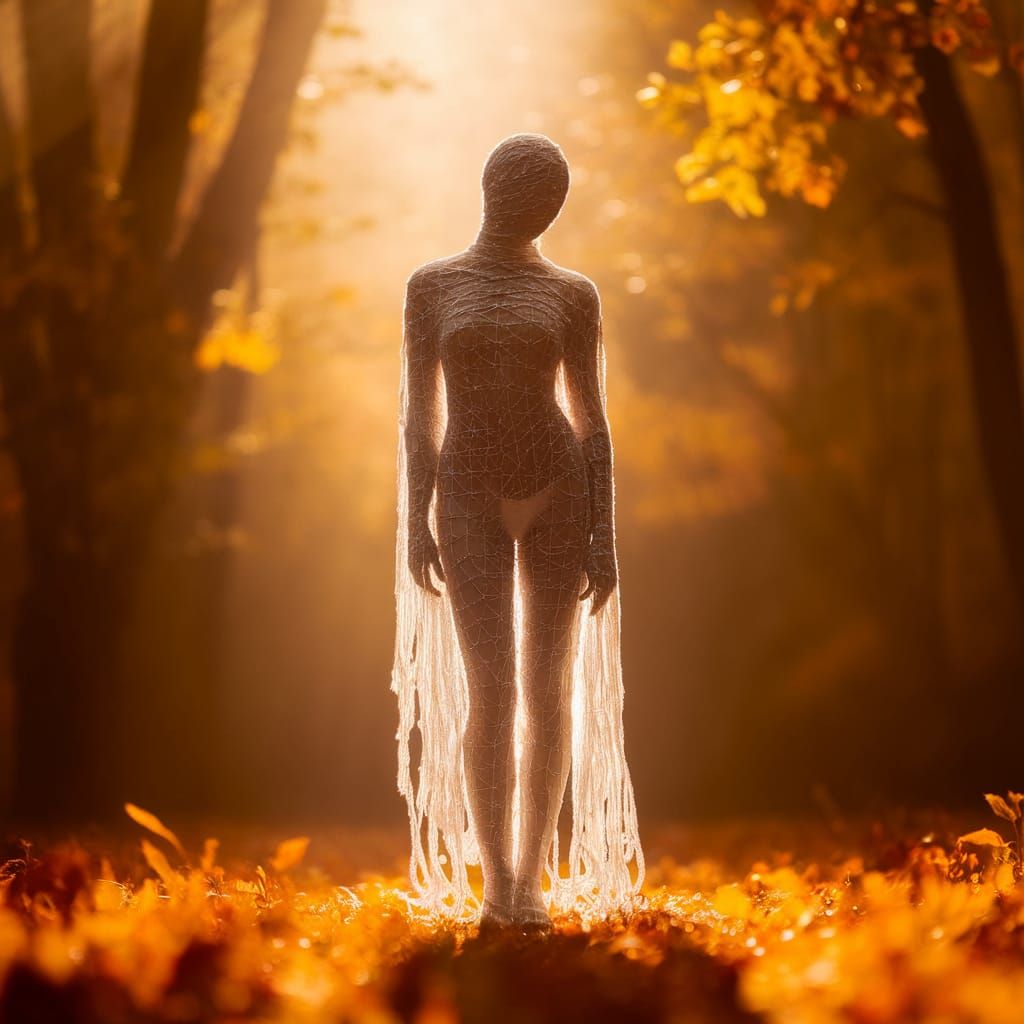 Serene Figure Embracing Golden Forest Light