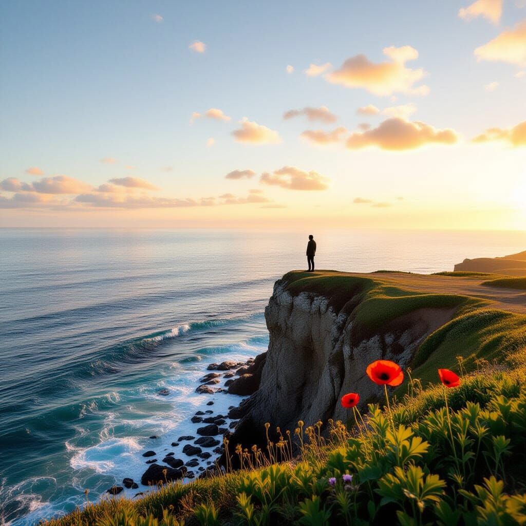 Solitary Figure on Cliff Overlooking Serene Ocean at Dawn