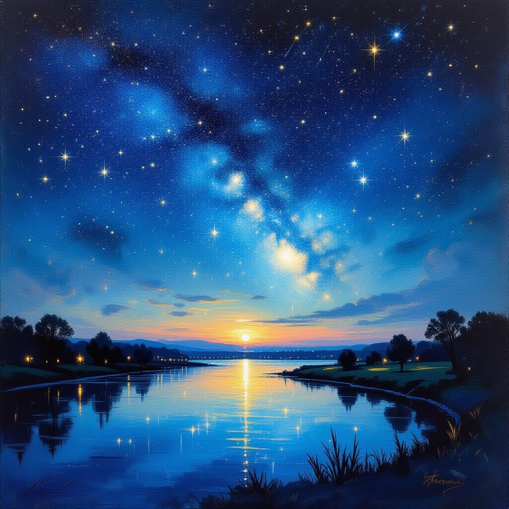 Luminescent Starlit Riverscape in Dark Romanticism Style