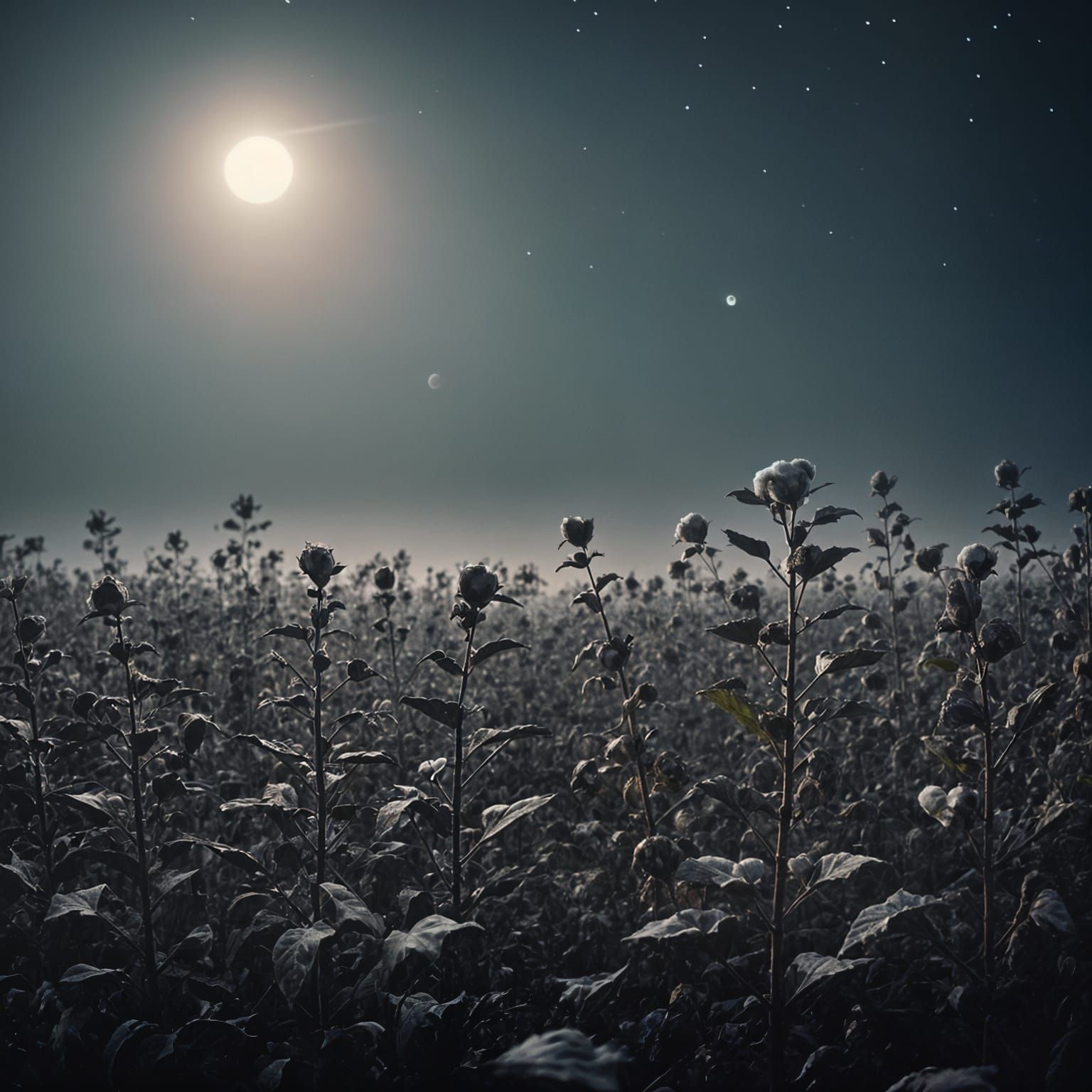 Eerie Fog Over Dark Cotton Field at Night