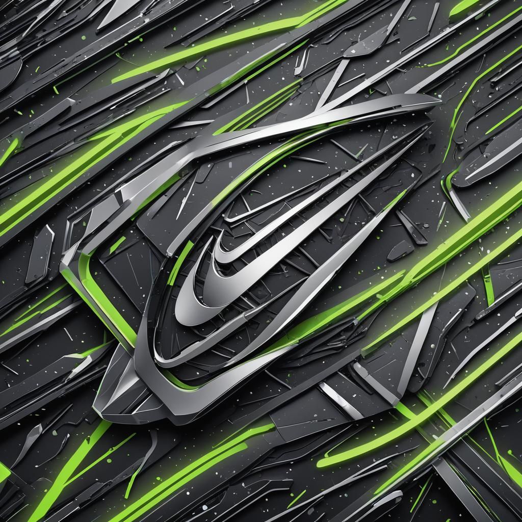 Futuristic Nike Logo in Metallic Silver and Neon