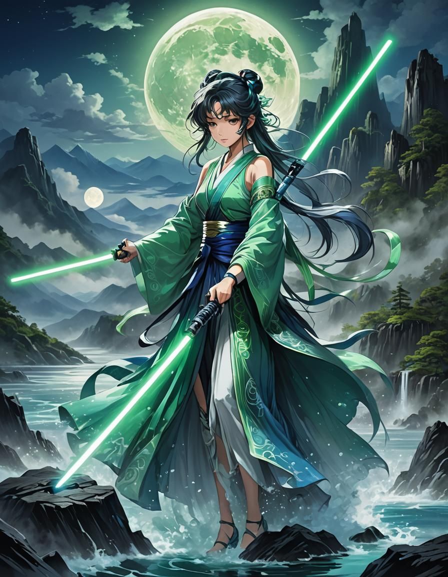 Ethereal Water Lightsaber with Misty Mountain Backdrop