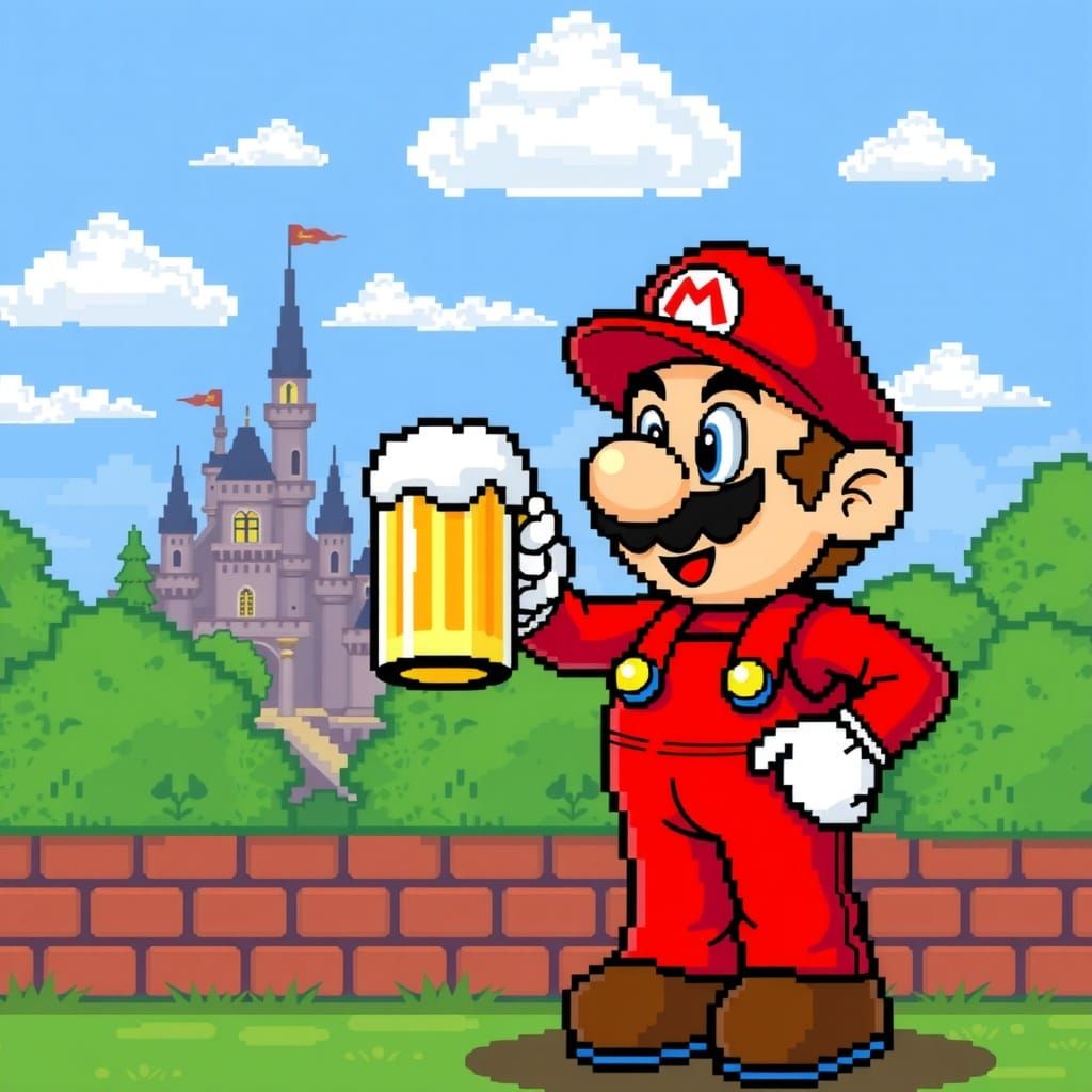 8 bit scene of Mario drinking a beer.
