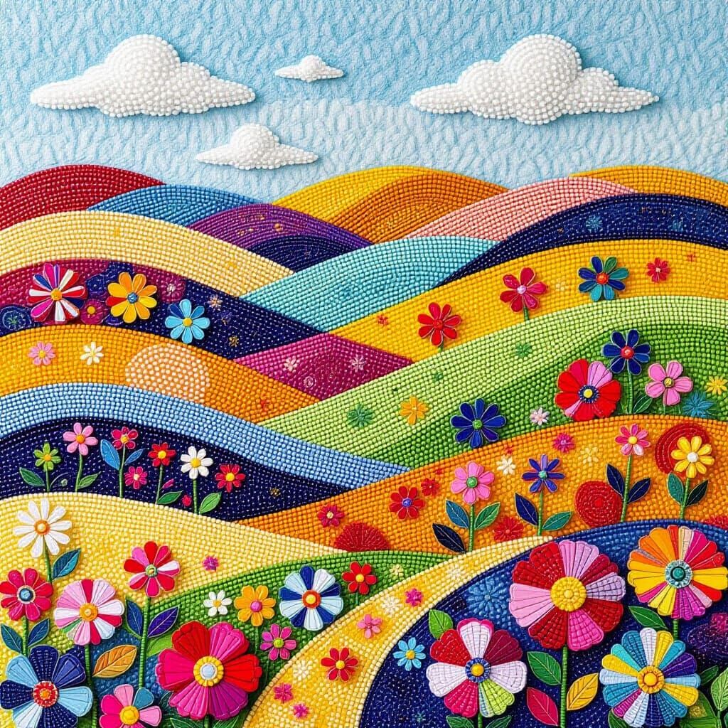Vibrant Beaded Landscape in Playful Whimsical Style