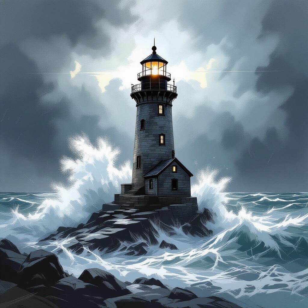 Lighthouse Amidst Raging Sea in Expressive Charcoal Style
