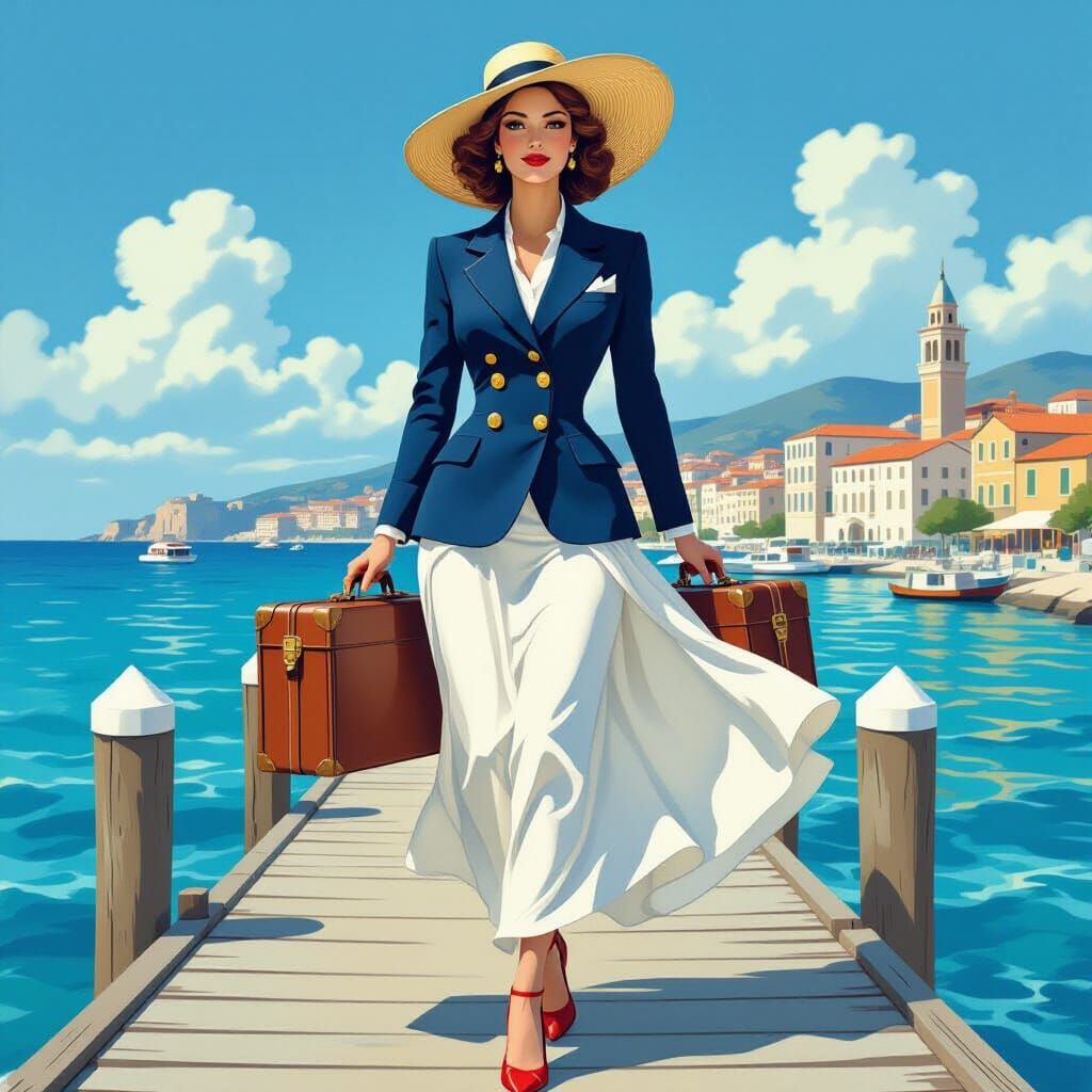 Elegant Traveler on Pier in Art Deco Style