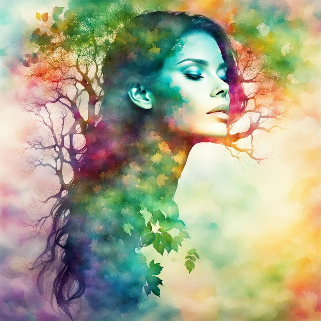 Double Exposure Art: Tree and Woman Silhouette