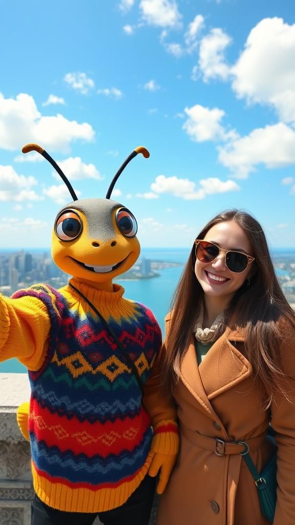 Cartoon Ant and Woman Take a Selfie