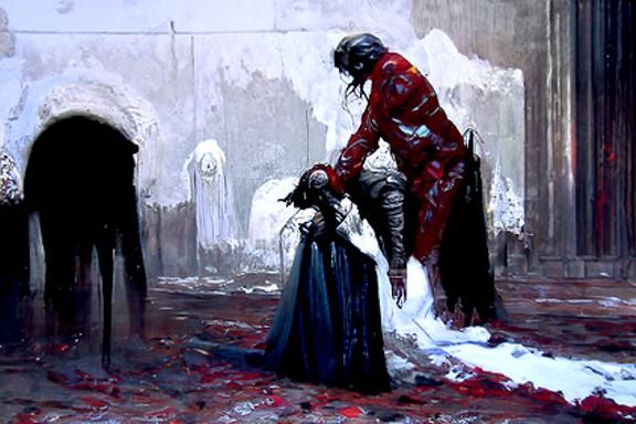 Sinister Kneeling Man in Horror Art Style