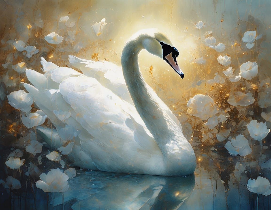 Ethereal Swan with Bioluminescent Flowers, Digital Art