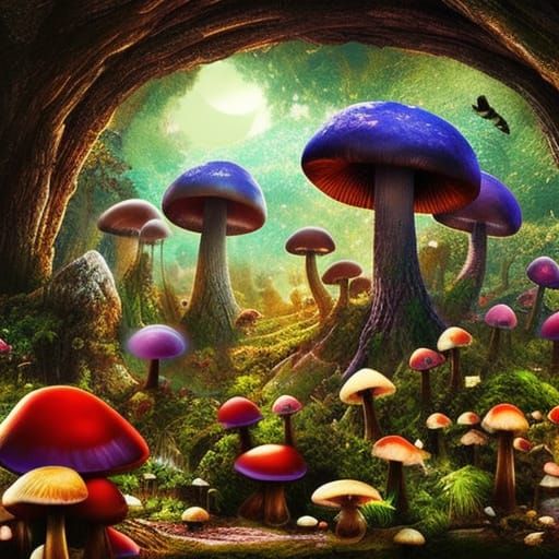 Enchanting Mushroom City in Moonlight Forest