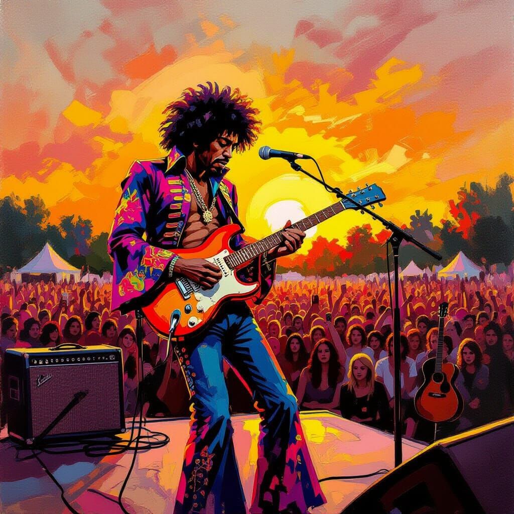 Jimi Hendrix Woodstock Performance Oil Painting