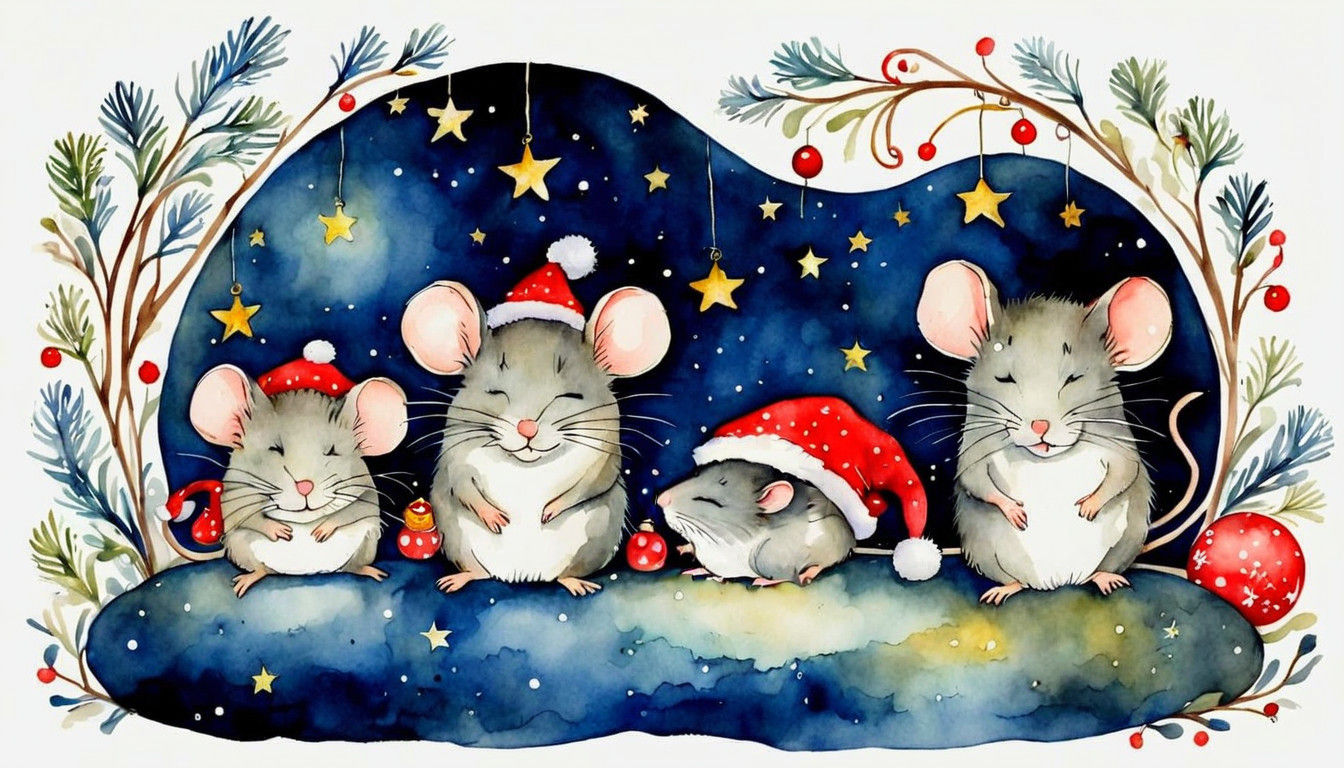 Mouse Family Winters Nap Scene in Whimsical Watercolor