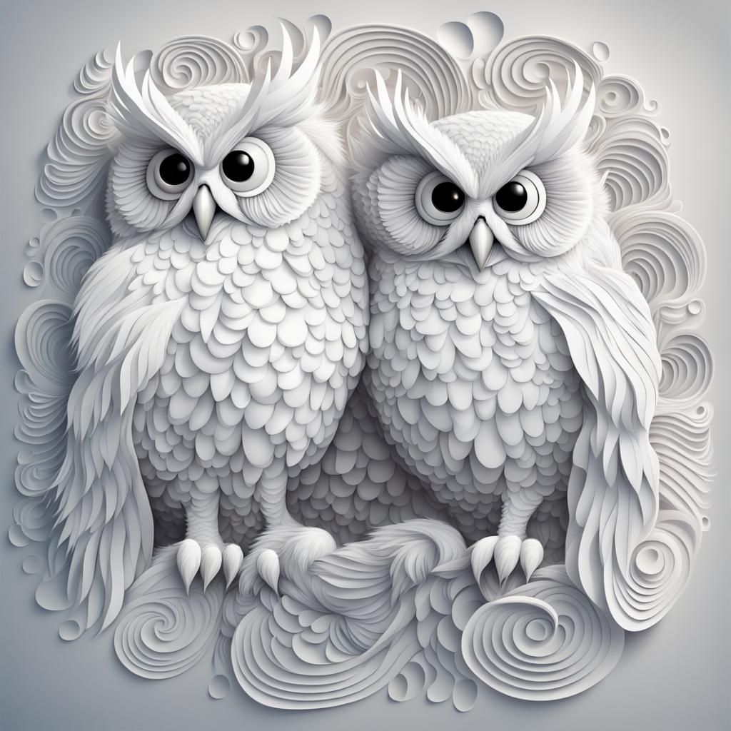 Laughing White Owls in Abstract Vector Fractal