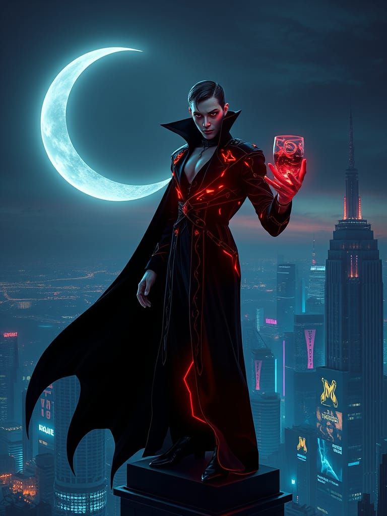 Ethereal Vampire Soars Above Cyberpunk Metropolis