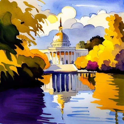 Serene Watercolor of DC National Garden in Yellow and Purple