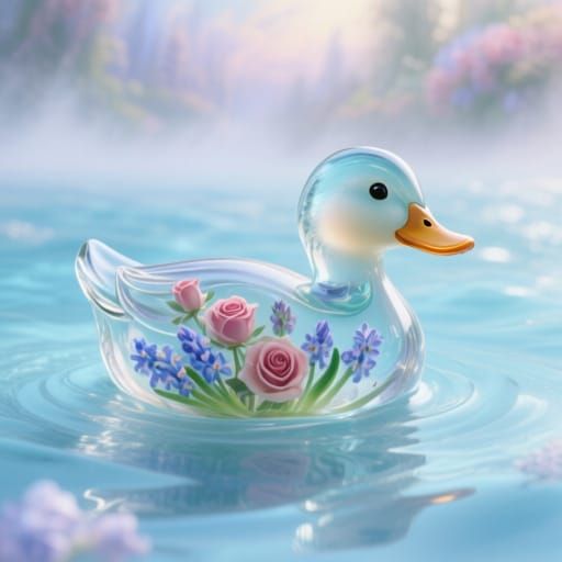 Ethereal Glass Duckling with Flowers on Blue Glass Sea