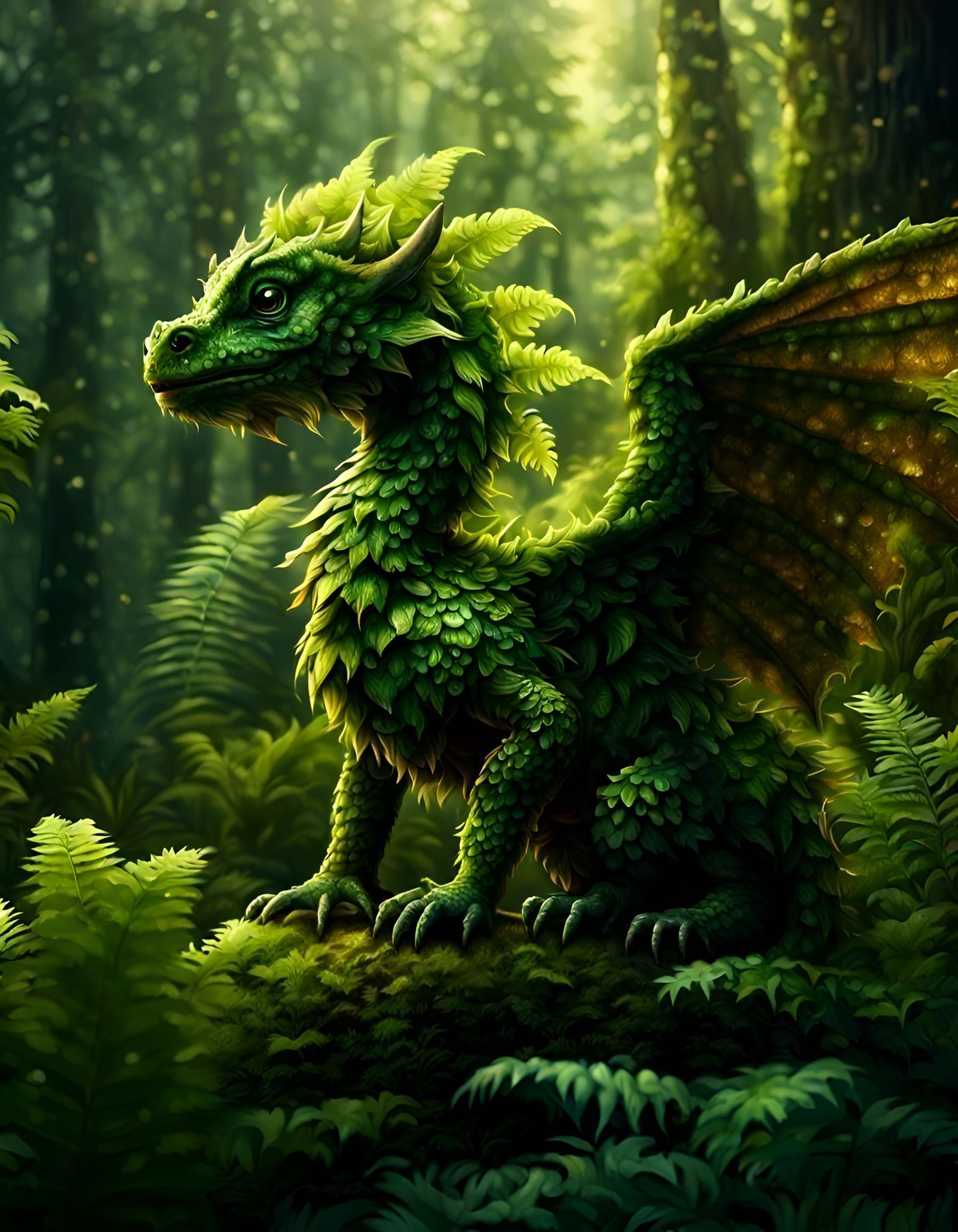 Fern Dragon with Wings in Forest: Hyperrealistic Digital Art