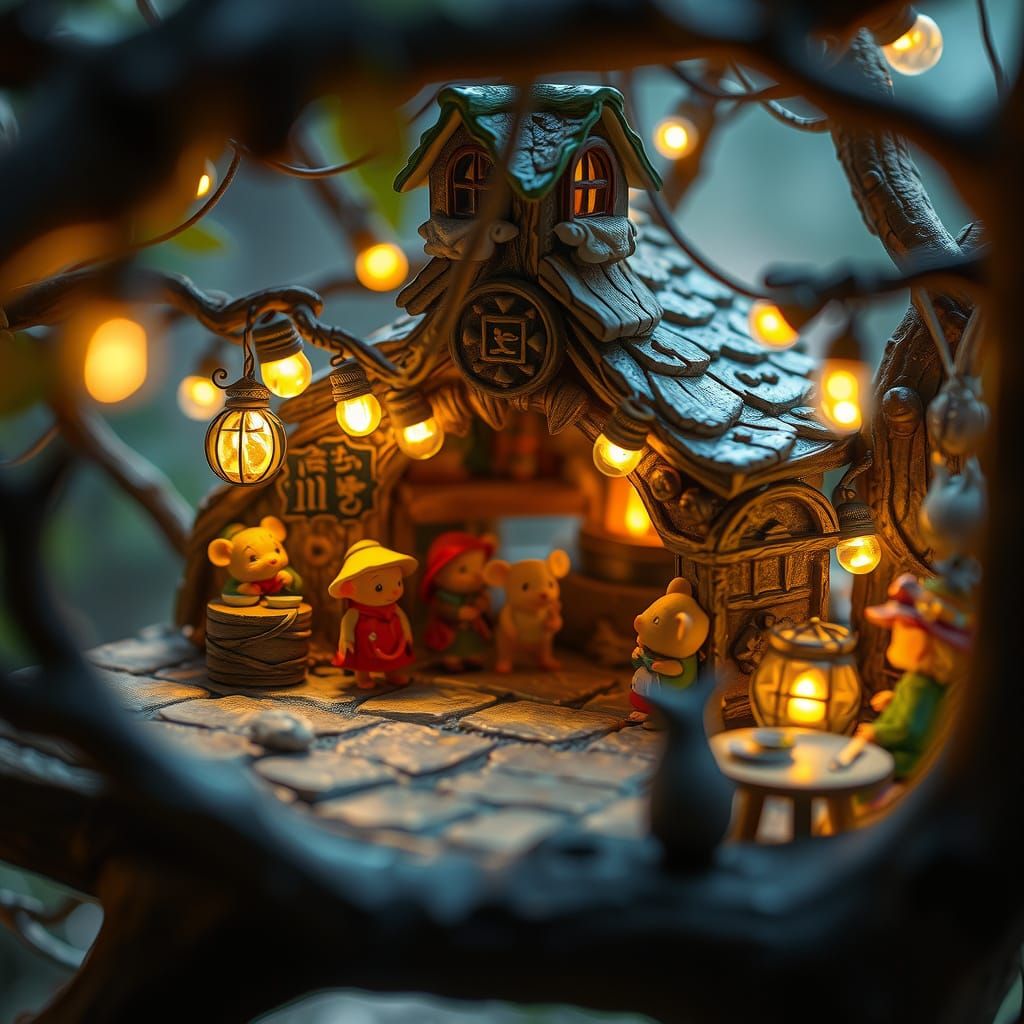 Whimsical Tree Tavern with Tiny Mice Patrons
