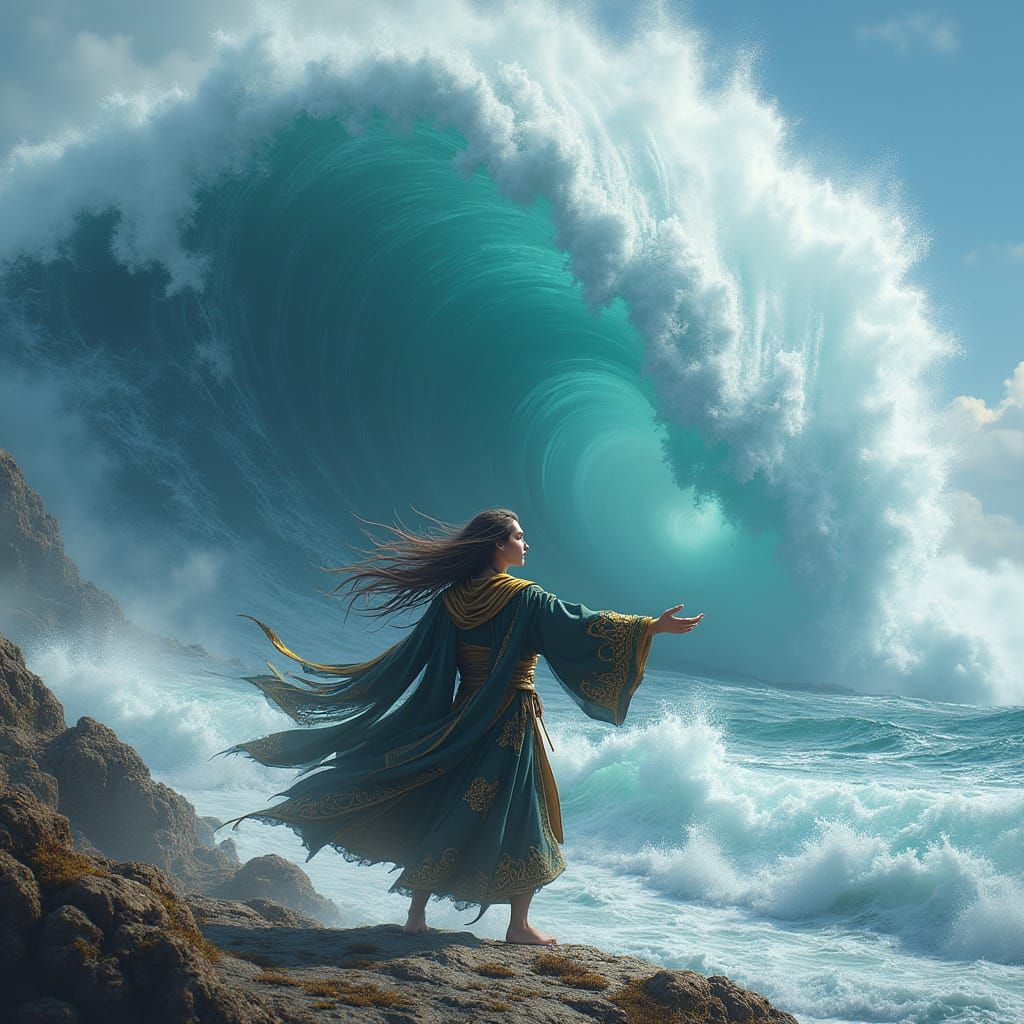 Mage Unleashes Mega Tsunami in Cyberpunk Anime Art