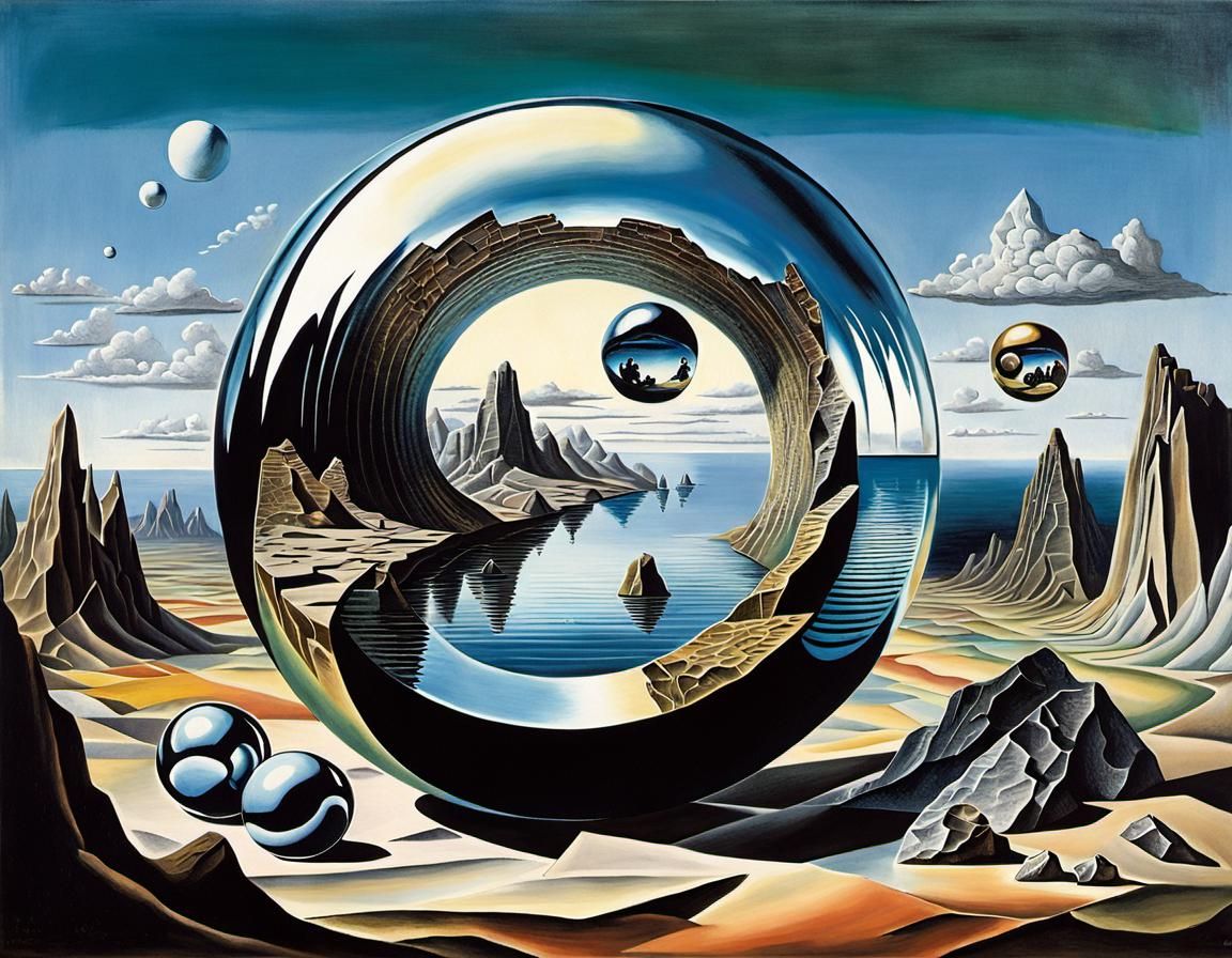 Surreal Chrome Spheres in Rainbow Landscape