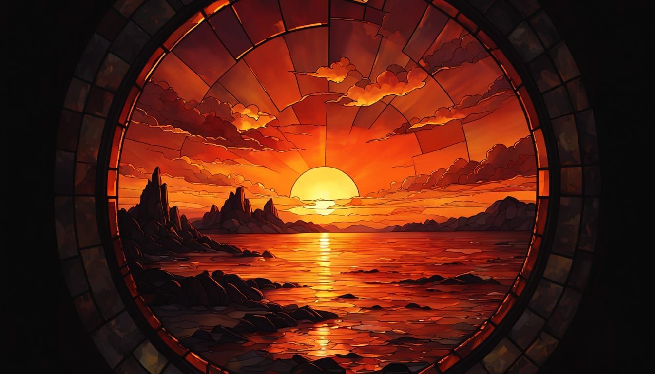 Stunning Orange Sunset Stained Glass Window