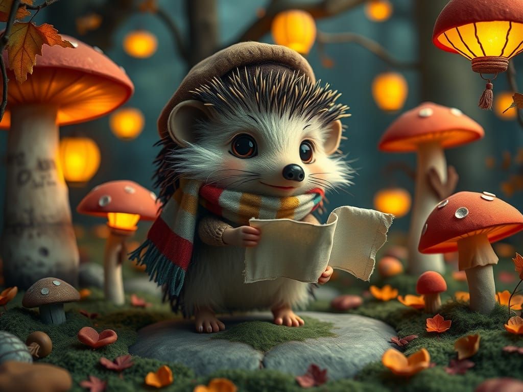 Dramatic Hedgehog Poet in Autumn Forest, Needle-felted Style