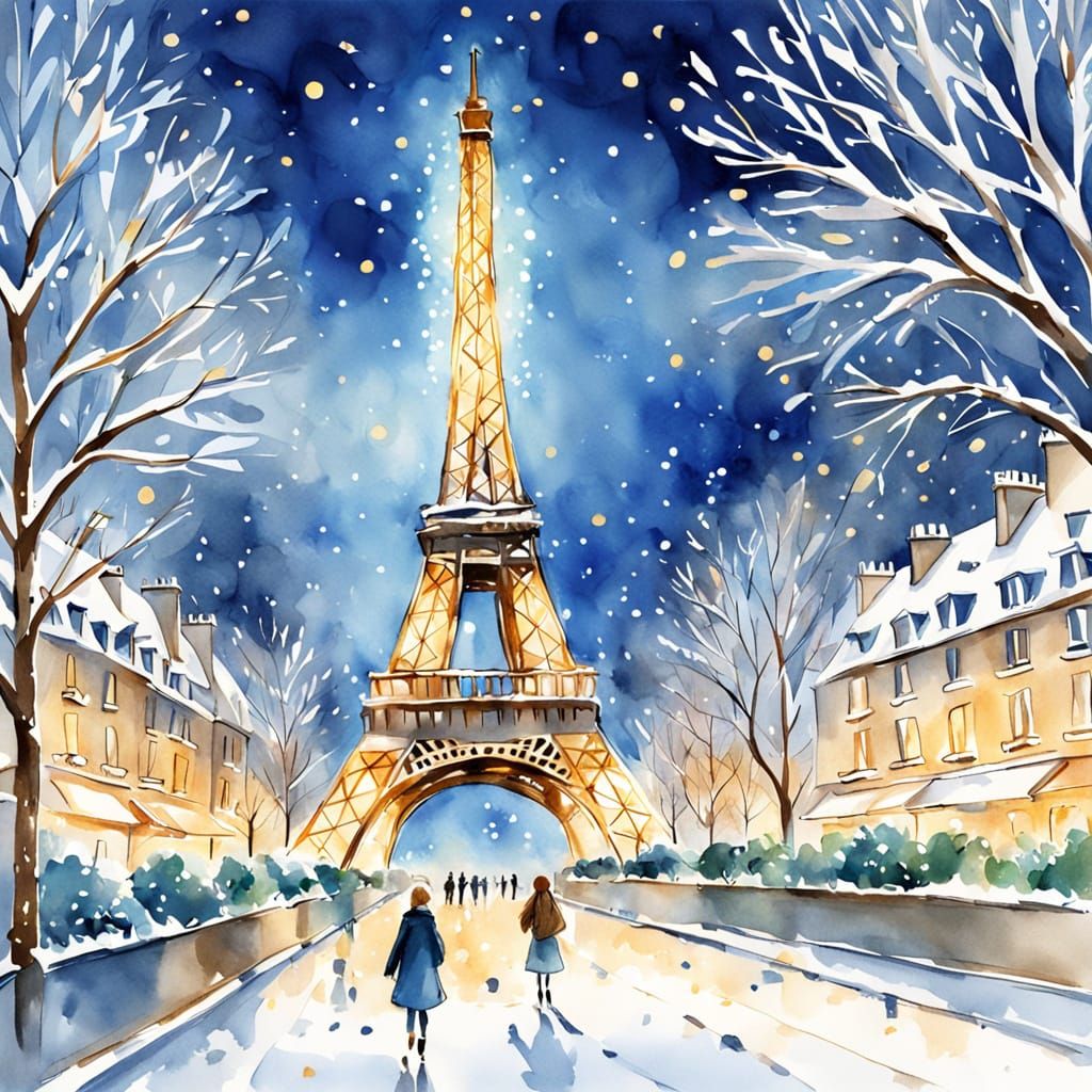Eiffel Tower Christmas Watercolor Sketch with Falling Snow
