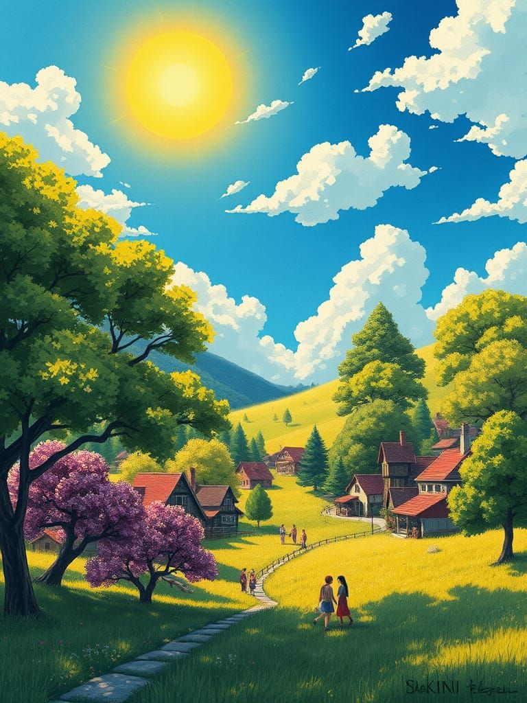 Whimsical Summer Village in Sumi-e Style