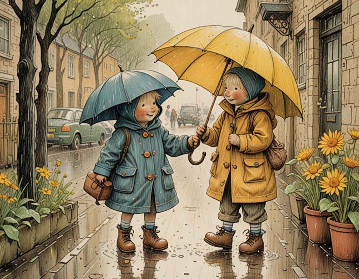 Sunny Rainy Day Scene in Whimsical Cartoon Style
