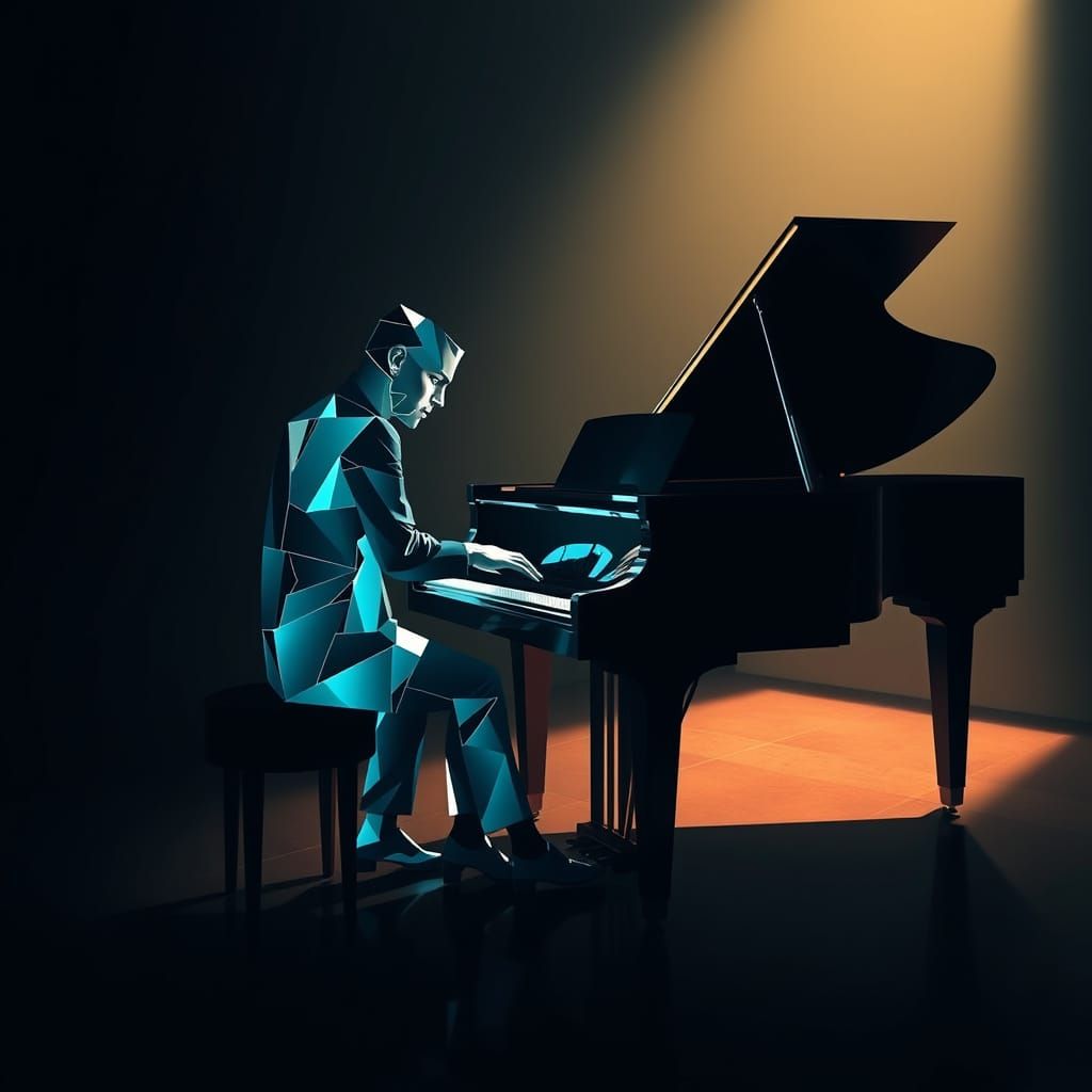 Geometric Pianist in a Cubist, Neon-Lit Room