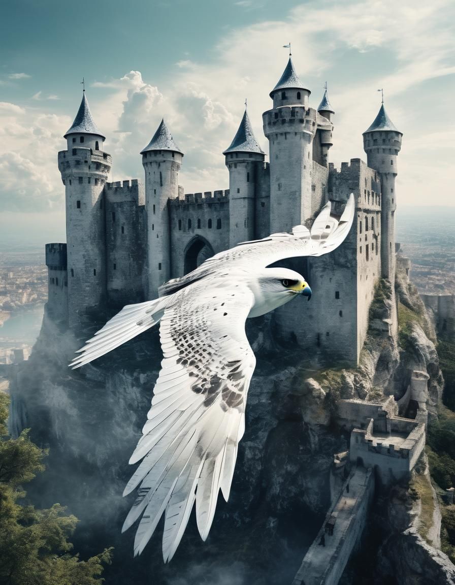 White Falcon Circling Castle Fortress in Detailed Painting