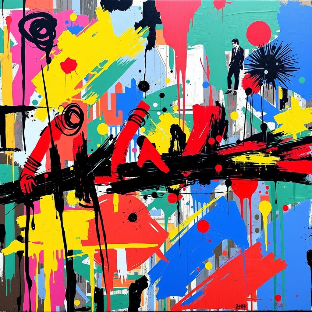 Vibrant Urban Art Piece in Mixed-Media Style