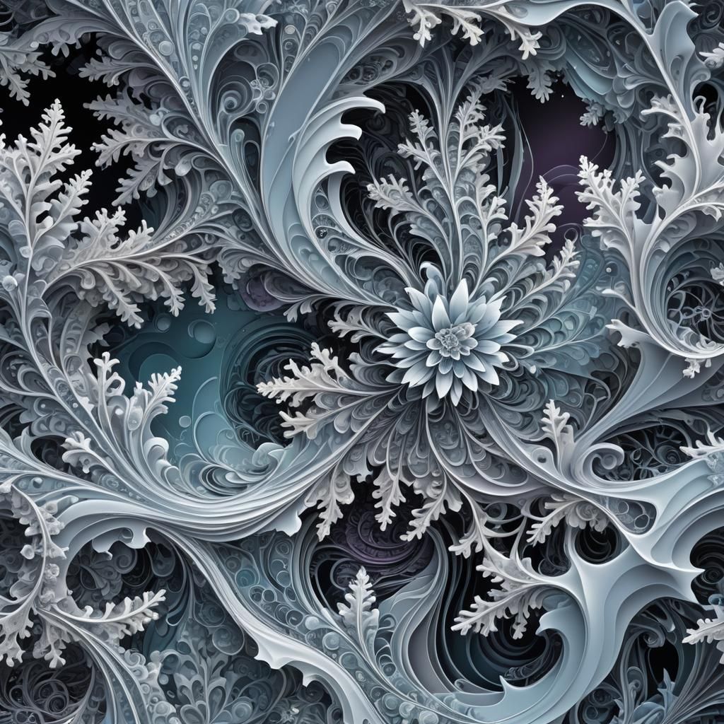 Frozen Lake Fractal with Intricate Floral Frost Swirls