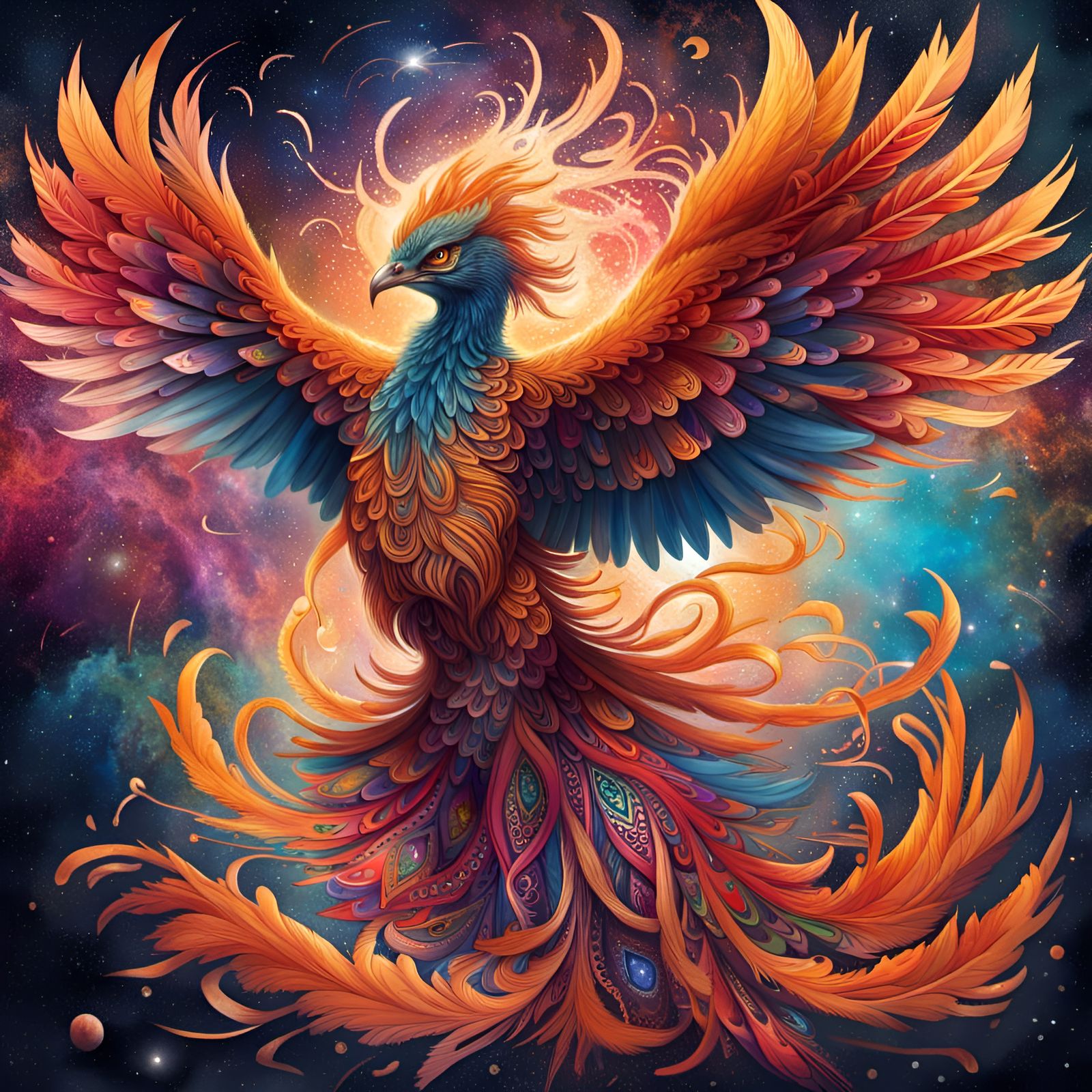 Phoenix Rising from Galaxy in Splash Art Style