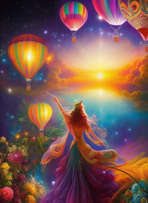 Colorful Hot Air Balloon in Night Sky